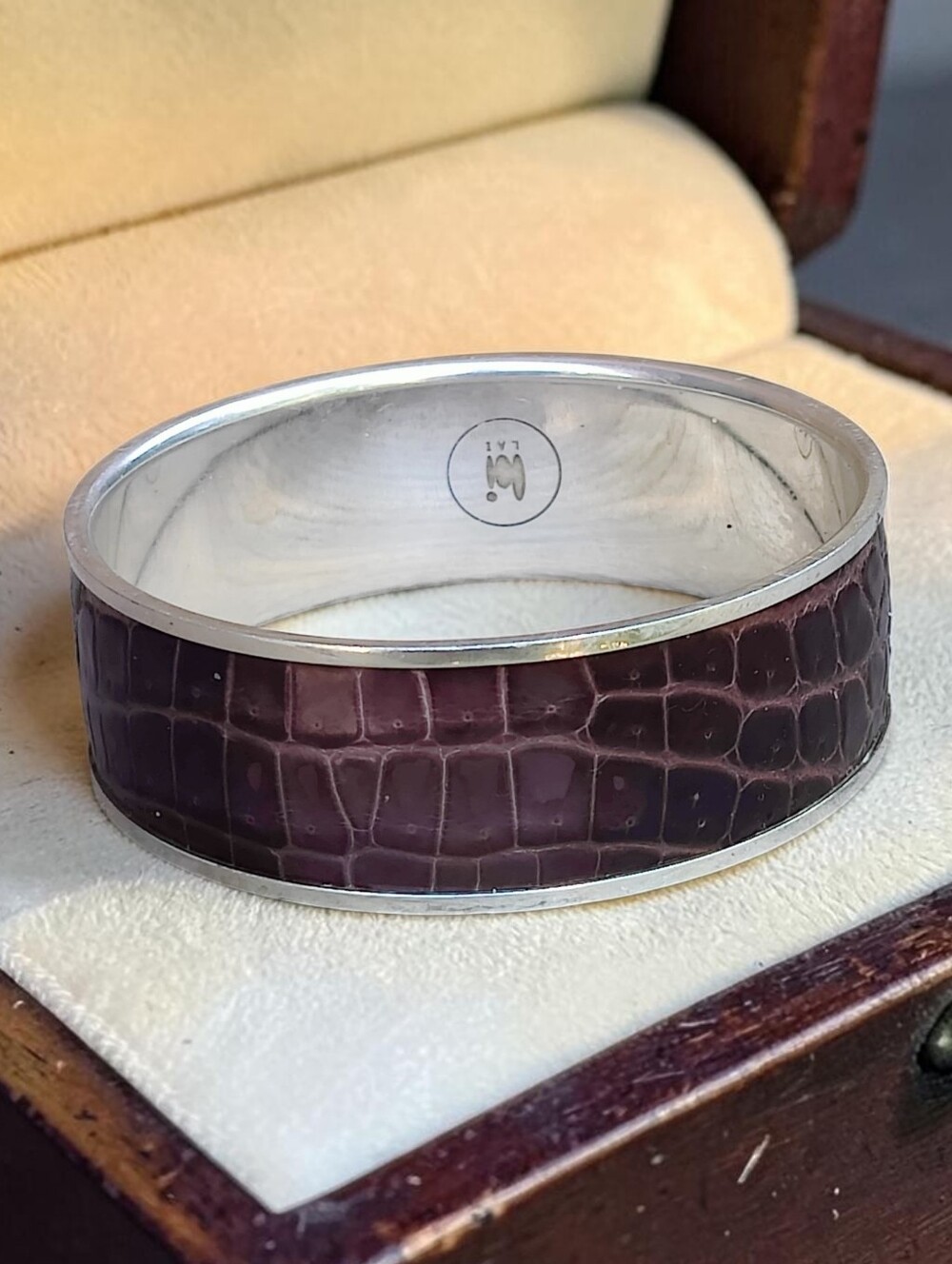 Heavy Sterling Silver Alligator Leather Signed Bangle Bracelet